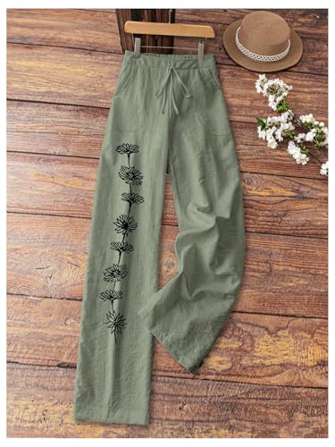 Floerns Women's Drawstring Drop Waist Floral Pants Straight Leg Linen Casual Trousers3