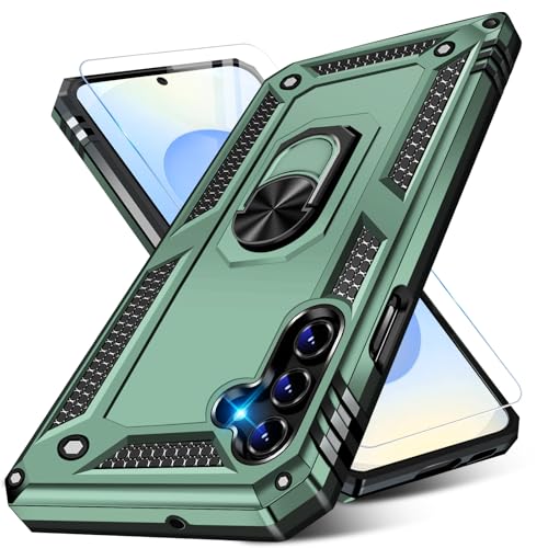 Image of Heavy Duty Case for Samsung Galaxy S25 Plus Phone Case with Screen Protector, Military Grade Shockproof Rugged Protective Cover for Samsung S25 Plus, with Metal Ring Magnetic Kickstand (Green)