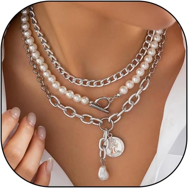 Gold Pearl Stackable Statement Necklace Chunky Layered Chain Coin Pendant Necklace for Women Pearl Ball Beaded OT Clasp Choker Trendy Jewelry