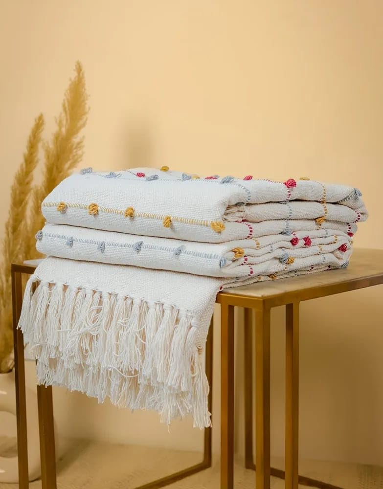 TARANTARAN Cotton Throw Blanket, 127x152 cm, Decorative Tufted Dots with Tassels, White with Red and Grey Accents, Modern Contemporary | Multi |-image-42