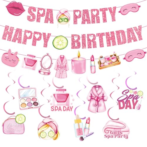 Spa Party Decorations Birthday Banner - 11 Pcs Glitter Pre-Strung