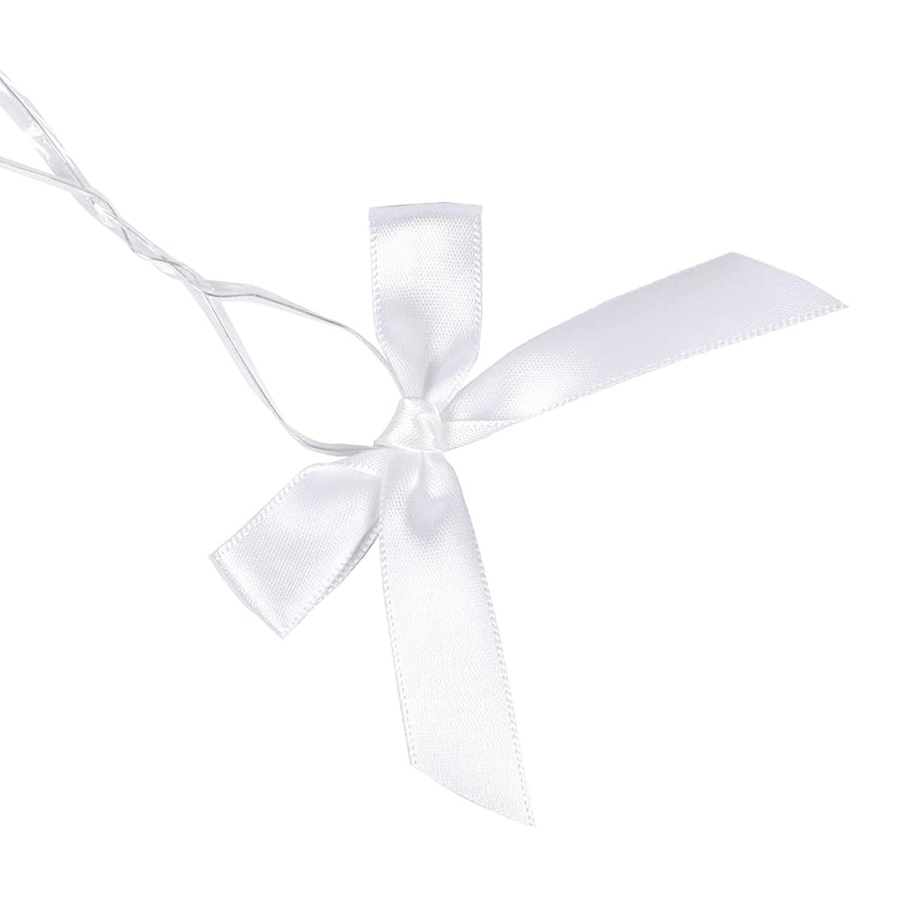 AKLVBL 50 Pack White Satin Ribbon Twist Tie Bows for Treat Bags, Gift Bags, Bakery Candy Bags and Package Decorating Ribbon Bow, Bowknot for Gifts