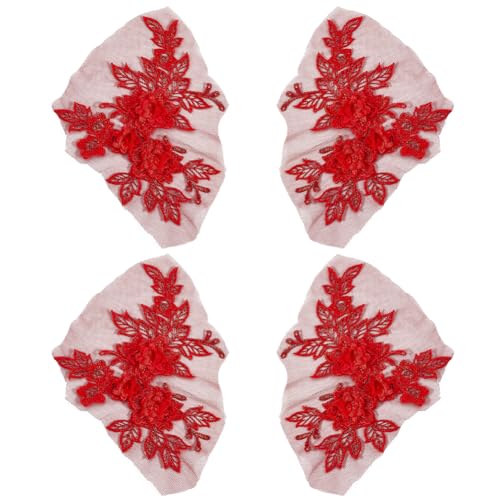 CABODYALS 2 par (4 piezas) de Apliques de Encaje Bordados Florales Rojos Vintage 3D, Parches de Flores para Coser, Apliques de Poliéster para Coser, Confección de Ropa, Vestidos, Decoración Del Hogar,