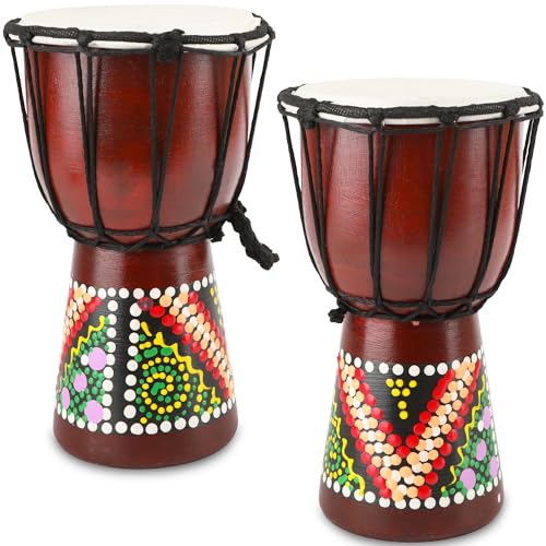2 Pcs Djembe Drum Mini African Hand Drum Abstract Painted Carved Mahogany Bongo with Leather Drumhead Gift Idea Musical Instruments for Beginners, 4 Inch