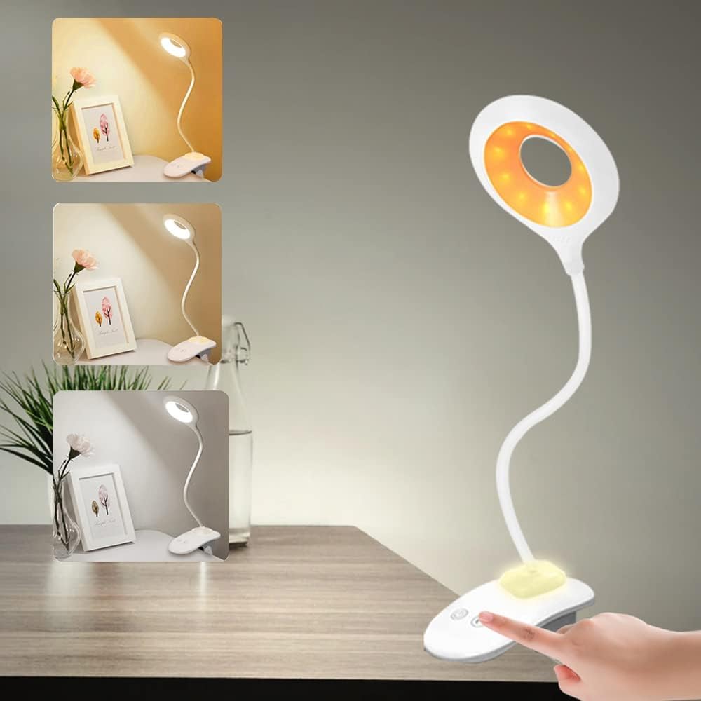 LamptobeClip On Reading Light 28 LEDs Eye Protect Book Light USB Rechargeable Clamp Lamp 3 Colours & Touch Sensor Control with Night Light Dimmable Clamp Desk Lamp