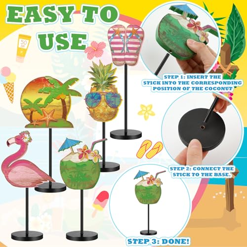 Image of Yousoontic 5 Pcs Summer Beach Table Decor Tropical Hawaii Centerpiece for Table Summer Flamingos Wooden Sign Pineapple Coconut Tiered Tray Decor for Home Kitchen Fireplace Mantel Shelf