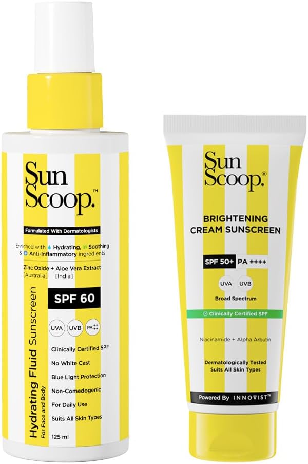 Sunscoop Hydrating Fluid & Brightening Sunscreen Combo SPF 60 PA+++ & SPF 50 PA++++ | For All Skin Types | No White Cast | Ultimate Sun Protection | 125ml + 45 gm