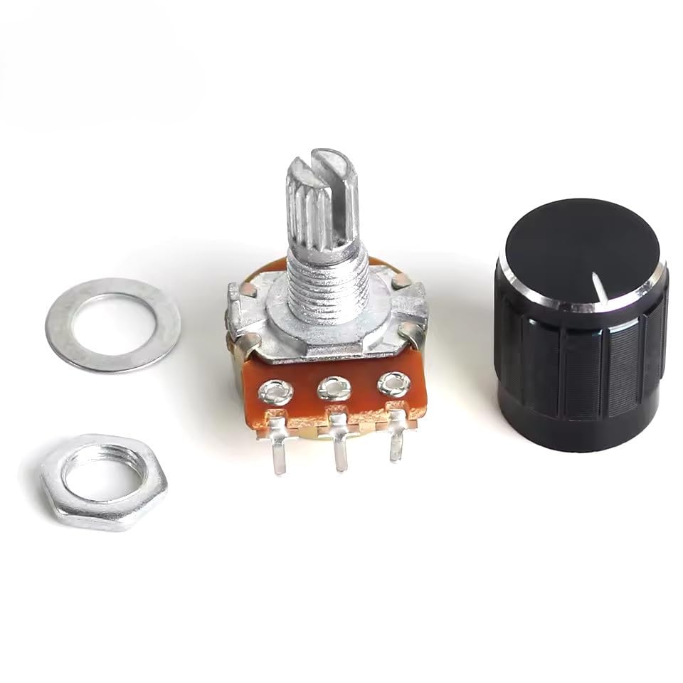 Rotary Potentiometer Linear Taper, WH148, 15mm, 3-Pin, with Black Aluminium Knobs