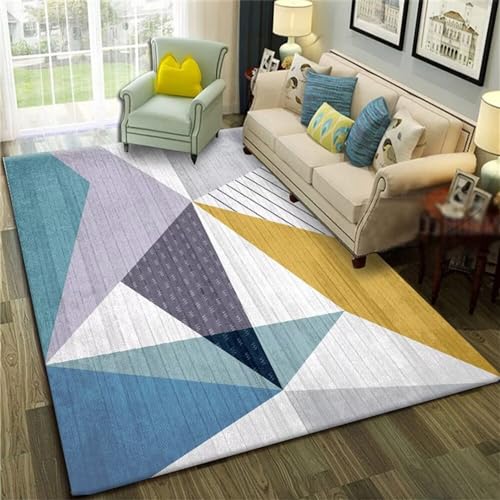 Tapis géométrique moderne bleu grand salon aux finitions douces