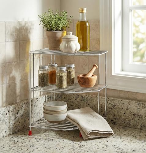 Image of Homify 3-Tier Stainless Steel Kitchen Organizer Rack Corner Shelf Rack For Kitchen Storage | Plate & Bowl Holder | Kitchen Steel Rack Stand For Sink, Slab, And Cabinet