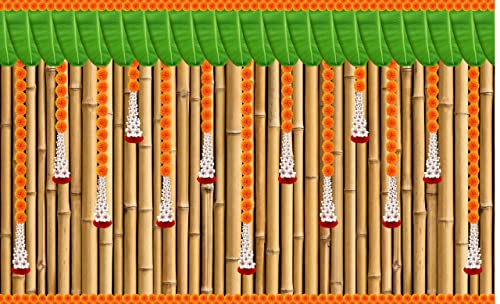 Image of Marigold Flower with Hanging Flower with Banana Leaf and Bamboo Backdrop Curtain for Decoration Backdrop Cloth Fabric-Polyester Size 5 Feet Height and 8 Feet Width(5 * 8)
