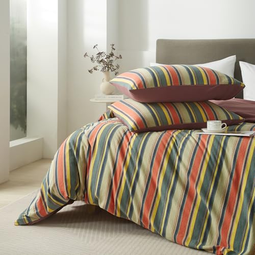 Image of VM VOUGEMARKET Multi-Color Striped Duvet Cover, Full Size | Farmhouse Style, Washed Cotton,Red Green Stripes, 1 Duvet Cover with 2 Pillowcases
