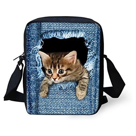 Binienty Kids Crossbody Shoulder Bag, Denim Pocket Cute Cat Print Mini Messenger Bag Phone Handbag, Durable Zip Cover
