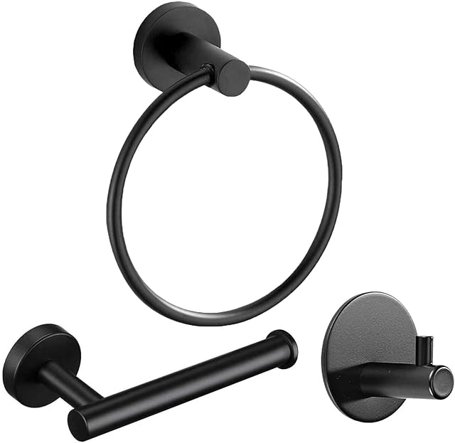 Bathroom Accessory Set, Stainless Steel Black Matte 3PCS Wall Mounted Towel Ring and Toilet Roll Holder, Self Adhesive-Adhesive Hooks, Hardware Paper Holde Ring Rack / Bath Towel Hooks, Chrome.