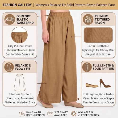 Image of FASHION GALLERY Women's Solid Rayon Palazzo Pants | Relaxed Fit Full Length Wide Leg Palazzo | Elastic Waist Comfortable Casual Lounge Office Ethnic Flared Trousers for Women