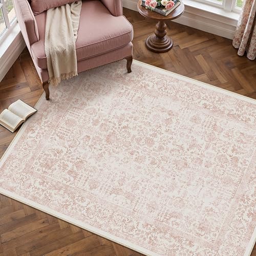 Pink Area Rug 3x5 Office Entryway Rug Machine Washable Kitchen Vintage Distressed Non Slip Carpet Indoor Retro Floral Accent Throw Door Mat for Bathroom Bedroom Dining Living Room