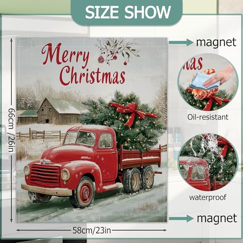 Image of Christmas Red Truck Dishwasher Magnets Decorative Cover,Winter Xmas Tree Waterproof Magnetic Dishwasher Cover Panel,Refrigerator Magnet Cover for Kitchen Home Decor 23x26 Inch
