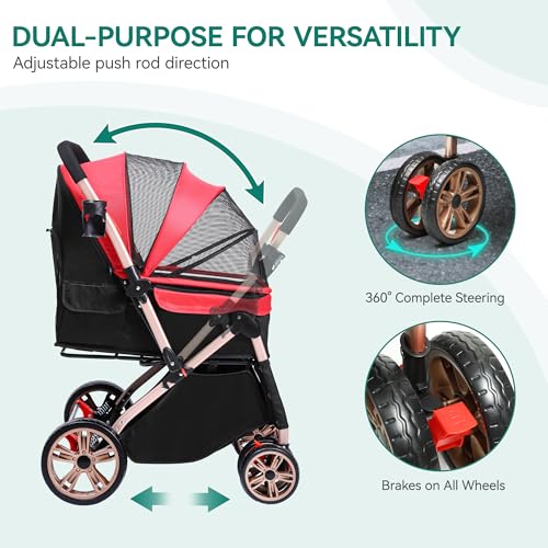 YITAHOME Hundebuggy Hundewagen klappbar für Hunde & Katzen, Haustierbuggy bis 22 kg mit umkehrbarem Griff, Netzfenstern, Getränkehalter, 360° drehbare EVA-Räder mit Bremsen (Rot)