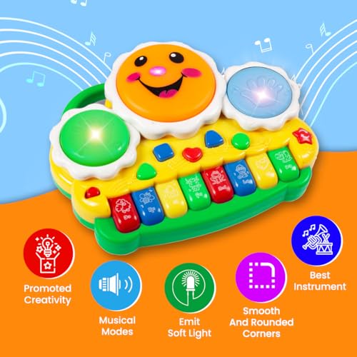 Image of Gooyo GY-88034 Musical Drum & Electronic Piano Keyboard Toy with Animals Sounds Flashings Lights & Music | Piano Keyboard Toy for Kids | Green | 3xAA Battery (Not Included) | Gift Box Packaging