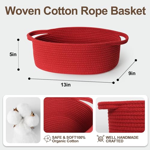Image of Small Baskets for Gifts Empty, 13 inchx 9 inchx 5 inch Woven Gift Basket with Bag and Ribbon, Cotton Rope Kids Dog Cat Toy Bin Box, Cute Baby Nursery Organizer, Decorative Storage with Handles, Red