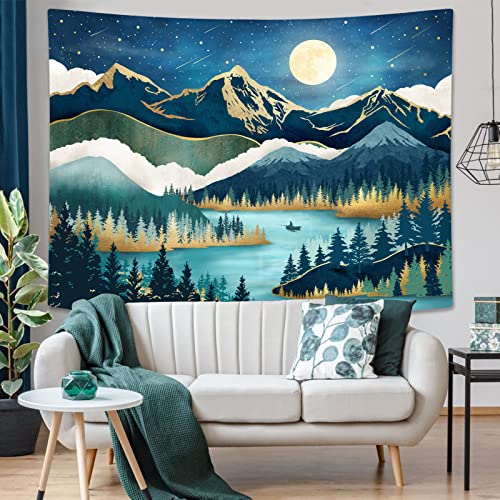 Accnicc Mountain Tapestry Nature Forest Tree Tapestries For Bedroom Aesthetic Starry Night Moon Stars Tapestrys Wall Hanging Teal Abstract Wall Tapestry For Dorm Living Room (Teal, 48'' × 36'') #TOP2