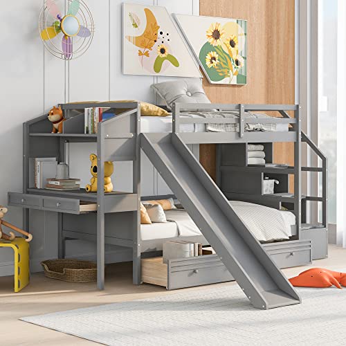 Image of Harper & Bright Designs Twin Over Twin Bunk Bed with Stairs, Slide, Desk, Solid Wood Bunk Bed with Storage Drawers and Shelves, for Kids Girls Boys (Gray)