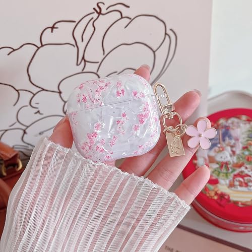 Image of MINSCOSE for Girly Glitter AirPods 4 Clear Case,Cute Shell Pattern Flower Design with Trendy Floral Keychain,Soft TPU Protective Cover with Cleaner Kit for AirPods 4th Generation-Pink