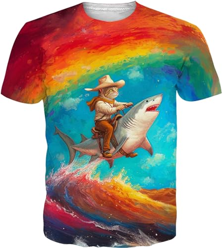 RAISEVERN Mens Cat Tshirt Funny Crewneck Short Sleeve Family Shirts Cool Crazy Shark T Shirt Casual Holiday Festival Party Top Tee for Women