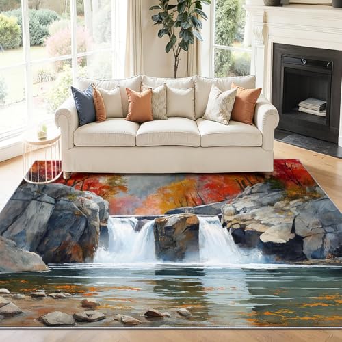 Alfombra Salon 90 x 150 cm Antideslizante Alfombras Lavables en Lavadora Habitacion Dormitorio Paisaje otoñal del Valle Fresco Comedor Modernas Tapete Quarto Pelo Corto Color Naranja