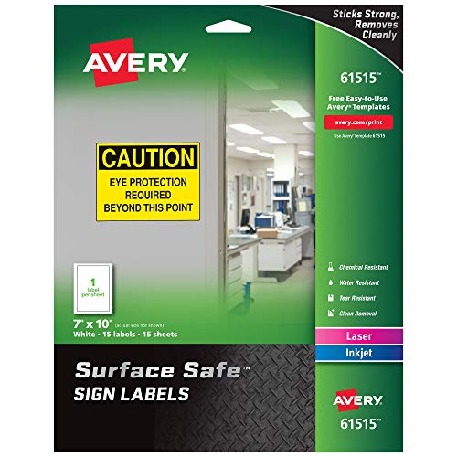Avery Etiquetas de señal seguras para superficies, 7 x 10 pulgadas, adhesivo extraíble, resistente al agua y a los químicos, paquete de 15 calcomanías de pared (61515)