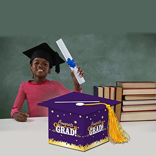 Image of 2026 Graduation Party Card Box, Purple Gold Congrats Cap Card Holder Box with Tassel for 2026 Graduation Party Decoration