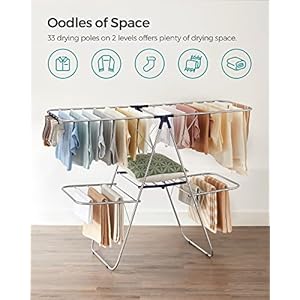 SONGMICS Clothes Drying Rack Foldable 2 Level Laundry Drying Rack Free Standing Large Drying Rack with Height Adjustable Wings 33 Drying Rails Sock Clips Silver and Blue ULLR53BU