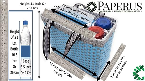 Image of Paperus, White & Grey, Large, Lunch Bag with 2 Water Bottle Holders, Picnic Basket, Travel Bag, Eco-Friendly, Handmade, of Paper Ropes, Length 14 inch, Height 11 inch & 7 Inch Broad Base
