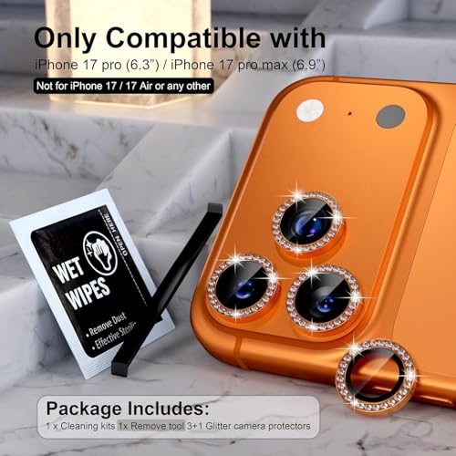 Image of Choiche Compatible for iPhone 17 Pro /iPhone 17 Pro Max Camera Lens Protector Bling, 9H Tempered Glass Camera Cover Screen Protector Metal Ring Decoration Accessories (Diamond-Orange)
