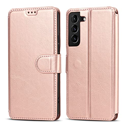 Coque Samsung S21 QLTYPRI étui portefeuille en cuir PU or rose avec porte-carte