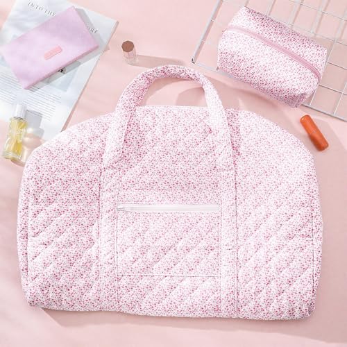 Bulyoou 2 Pack Floral Travel Duffel Bag Large Quilted Travel Duffle Bag and Floral Makeup Pouch Portable Gym Lightweight Weekender Organizer with Zipper Pockets Grocery Pouch for Women(Pink) by Bulyoou - Image 7