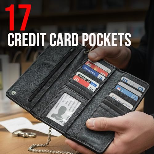 Image of Jackets 4 Bikes HERITAGE Men's Motorcycle Chain Wallet - Premium Cowhide Leather RFID Tri-Fold Biker Wallet with Heavy Duty Chain, Long Credit Card & Cash Organizer for Truckers Hunters AllBlack