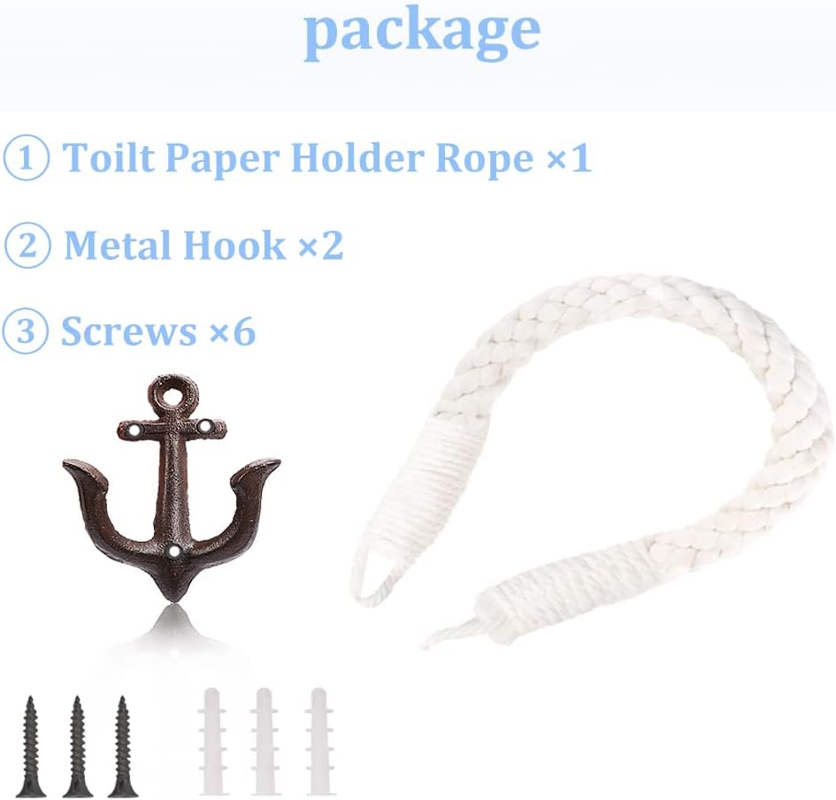 2 Pcs White Nautical Rope Toilet Paper Holder Wall-Mounted Towel Ring Nautical Toilet Paper Holder with Metal Hooks Coastal Towel Rack （Black+Black）