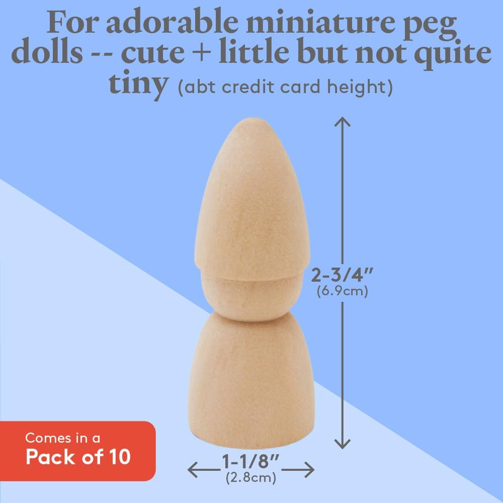 Wood Peg Dolls, 2-3/4 Inch Gnome Shape Unfinished Wooden Peg People, Pack of 10 Dolls, Strong Birch Wooden People Figures