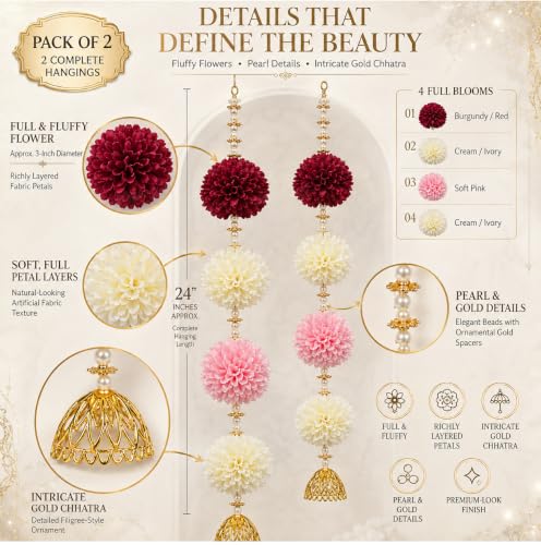 Image of Divyakosh Artificial Flower Hanging for Door, 2 Pieces, 24 Inch Each, Big Export Quality Flowers, Decorative Toran for Main Door, Pooja Room, Mandir & Festive Home Decor