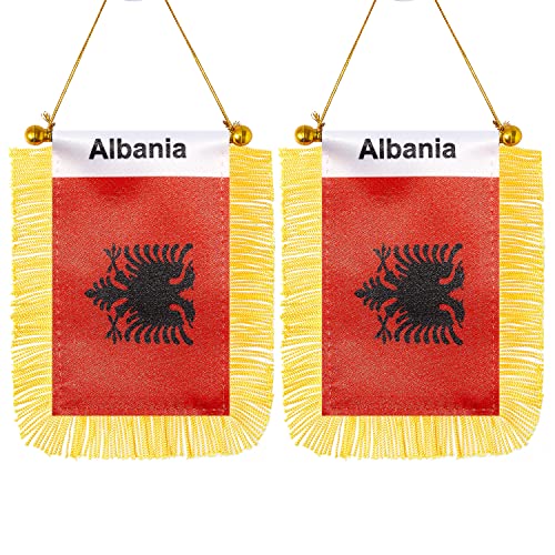 CANTENDO 2 Pack Albania Window Hanging Flag,Mini Albanian Car Flag with Pole Tassel Suction Cup Rearview Mirror Decoration(3x5 Inch)
