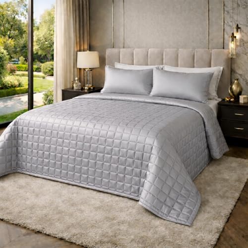 CLARA HOME Copriletto Matrimoniale 2 Piazze Colore Grigio Perla, Trapuntato in Raso Satin, Coperta Leggera Mezza Stagione, Autunno Primavera, Elegante per Camera da Letto, Made in Italy