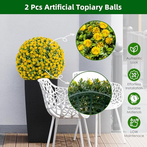 15.7" Artificial Topiary Flower Balls, Set of 2 Decorative Topiary Balls Hanging Grass Ball for Home Decor Indoor and Outdoor,Yellow