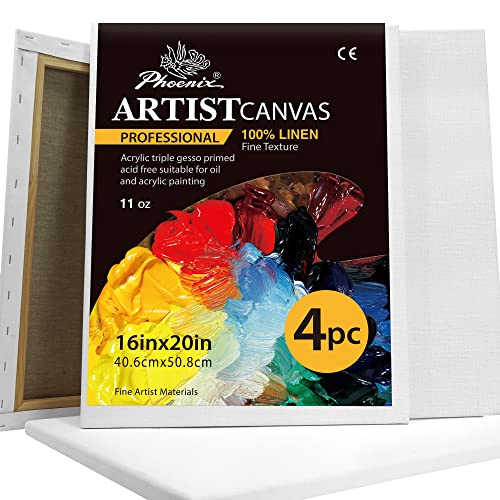 PHOENIX Large Belgian Linen Canvas for Oil Painting - 16x20 Inch/4 Pack Smooth Texture, 3/4 Inch Profile - 11 Oz Triple Primed Blank Professional Stretched Archival Canvases for Acrylic Paints