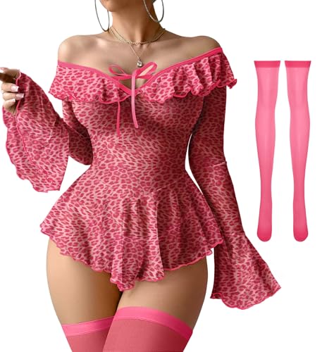 Image of Foxiny Sheer Ruffle Long Sleeve Babydoll Lingerie Dress | Off-shoulder neckline, flared cuffs and a flounce hem add movement; thong and thigh-high stockings complete the 3-piece set