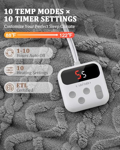 CAROMIO Electric Blanket Full Size - Thick Tufted Sherpa Heated Blanket Full Size with 10 Heating Levels and 10 Time Settings, ETL Certified Machine Washable Fast Heating Blanket Full 72"×84", Grey