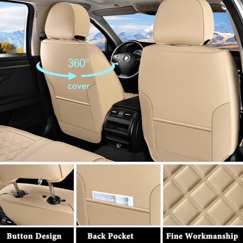 Image of Car Seat Covers Full Set, Luxury Leather Seat Cover for Cars 5 Seats, Front Seats and Back Car Seat Protector Waterproof Seat Cushions, Universal Automotive Seat Covers for Most Cars SUV Trucks, Beige