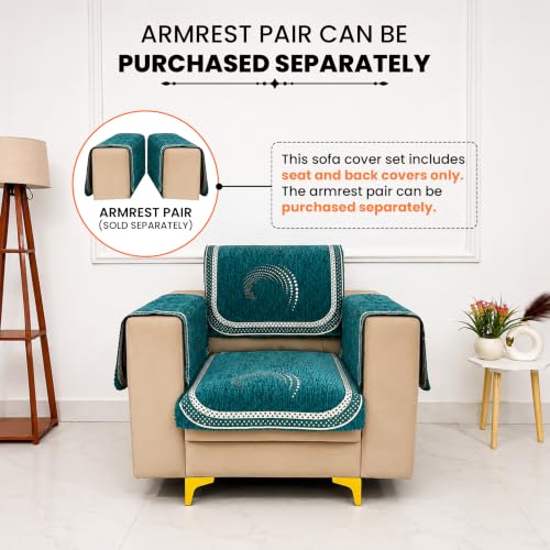 Image of Homerz Premium Chenille Fabric Sofa Cover | Soft, Durable & Dustproof | Decorative Couch Cover (Ghoomar Teal, 1 Seater, Seat Cover with Backrest)