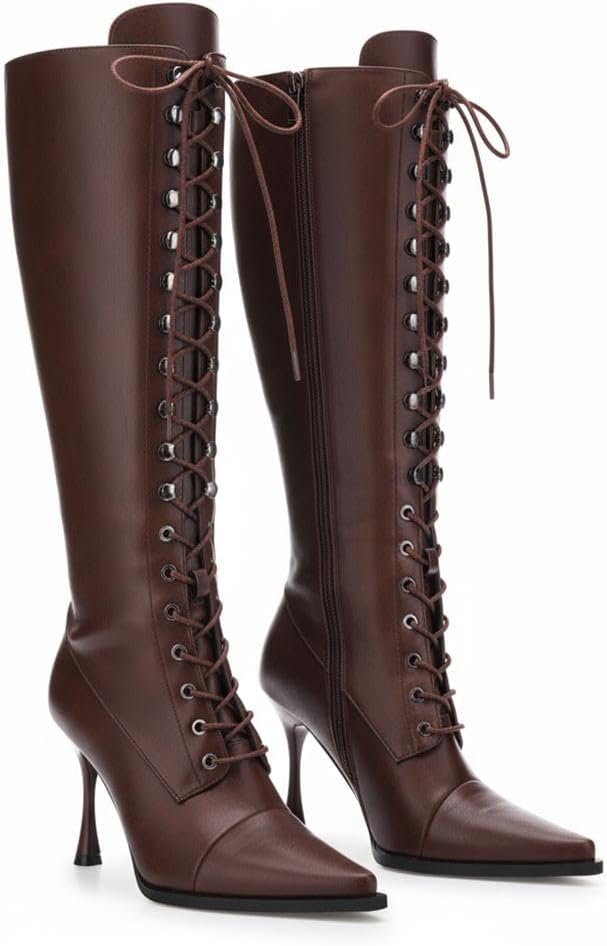 heelchic Stylish Women's Fashion Boots - Pointed Toe, High Heel, Adjustable Strap, Premium Full-Grain Leather, Knee-High