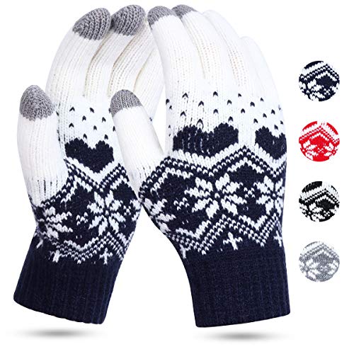 KQueenStar Direct Women Gloves Touch Screen - 1/2 Pairs Touch Winter Knitted Gloves Snow Flower Printing Keep Warm Unisex Phone Texting Mittens Warm Touchscreen Mittens, Green-a, One Size